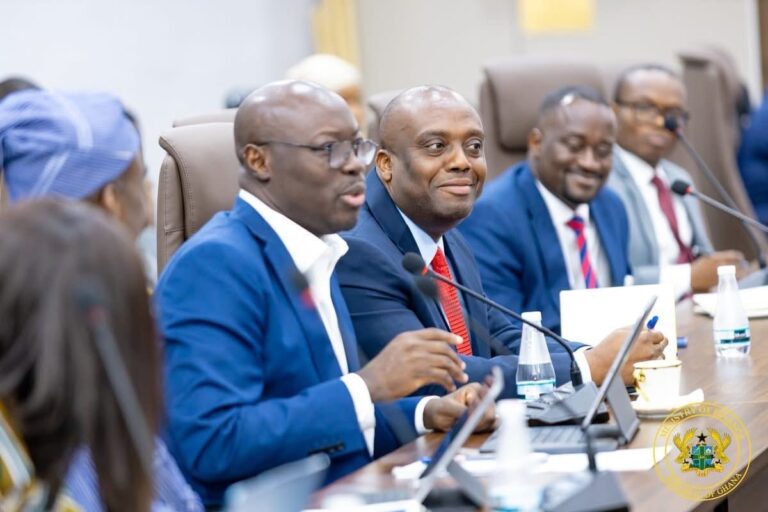 Finance Minister Dr Cassiel Ato Forson and Trade Minister Elizabeth Ofosu-Adjare discussing Ghana New Economy agenda consultations